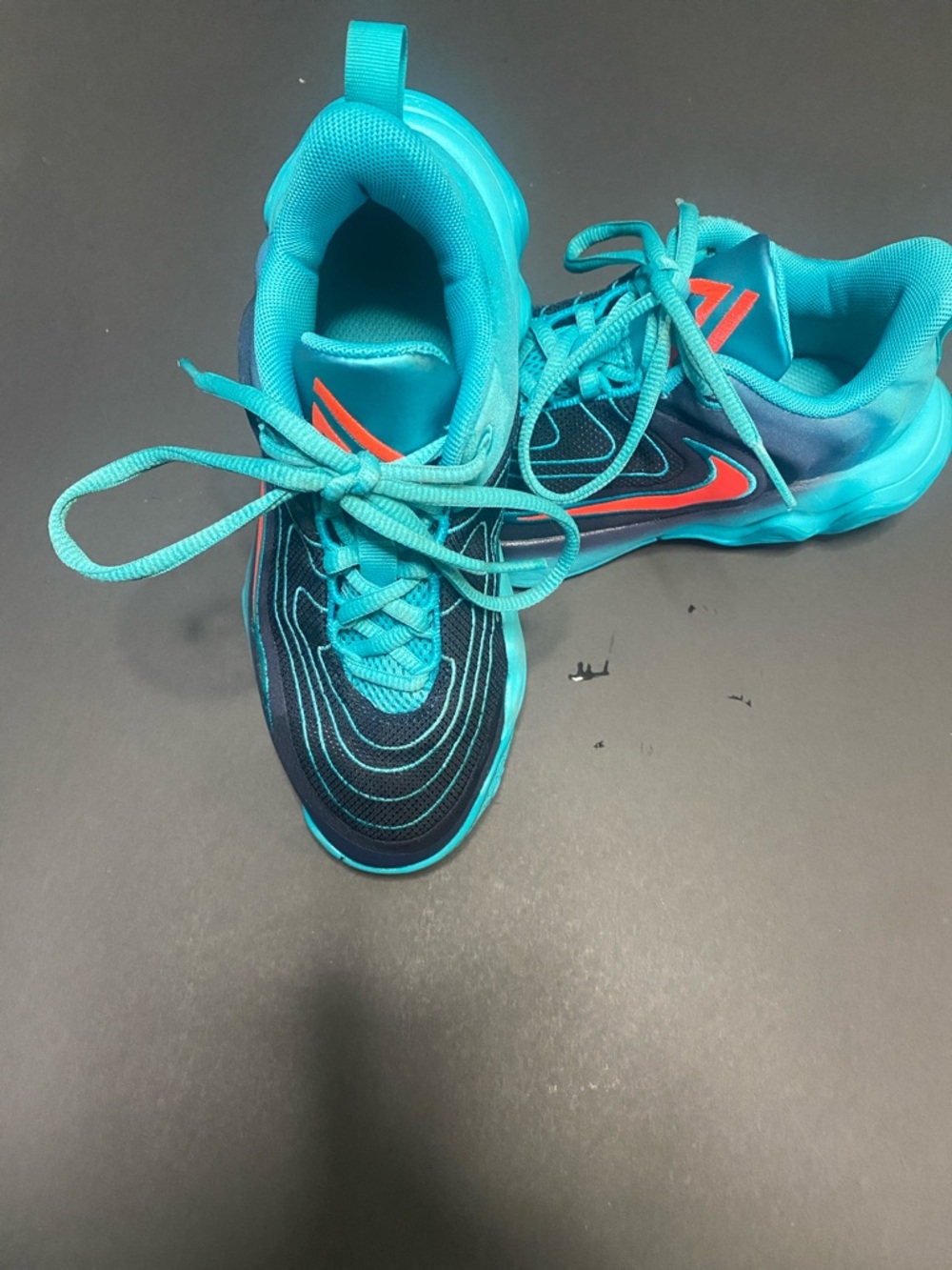 Nike Kids Teal and Navy Sneakers with Orange Swoosh
